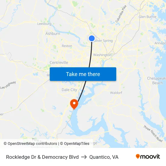 Rockledge Dr & Democracy Blvd to Quantico, VA map