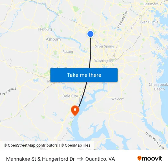 Mannakee St & Hungerford  Dr to Quantico, VA map