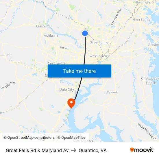 Great Falls Rd & Maryland Av to Quantico, VA map