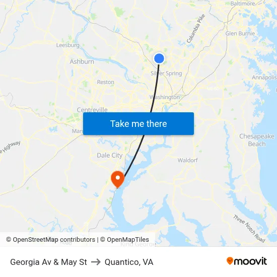 Georgia Av & May St to Quantico, VA map