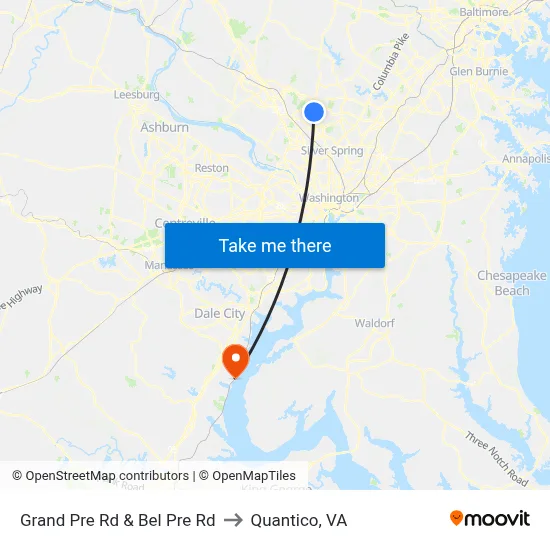 Grand Pre Rd & Bel Pre Rd to Quantico, VA map