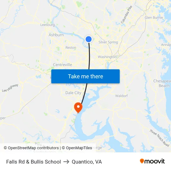 Falls Rd & Bullis School to Quantico, VA map