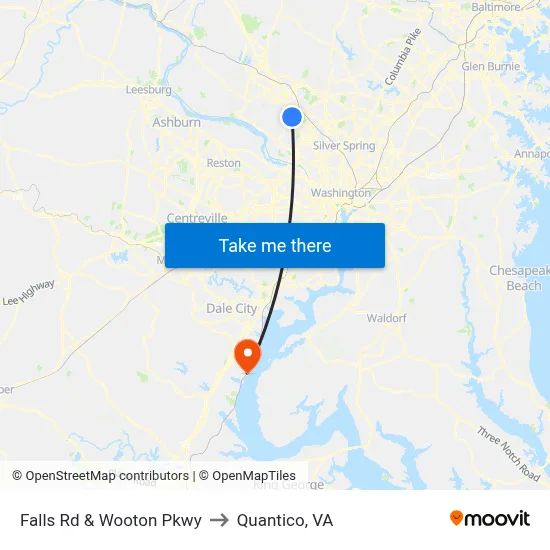 Falls Rd & Wooton Pkwy to Quantico, VA map