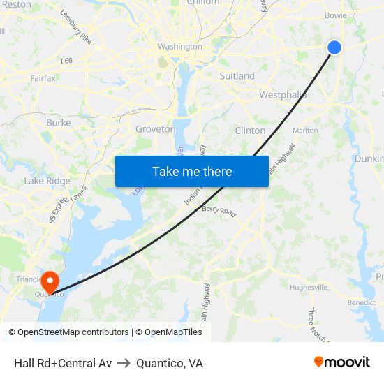 Hall Rd+Central Av to Quantico, VA map