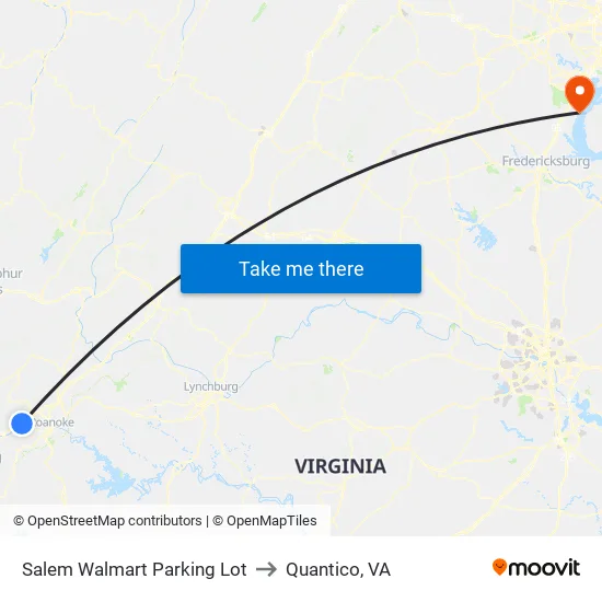 Salem Walmart Parking Lot to Quantico, VA map