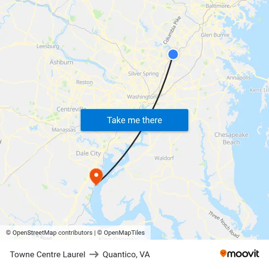 Towne Centre Laurel to Quantico, VA map