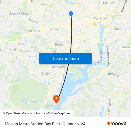Mclean Metro Station Bay E to Quantico, VA map