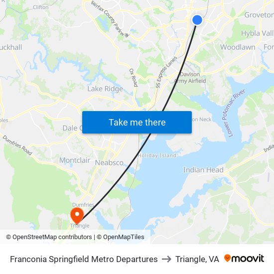 Franconia Springfield Metro Departures to Triangle, VA map