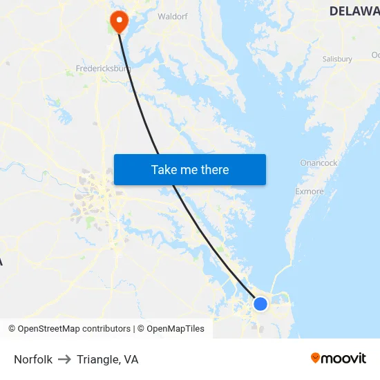 Norfolk to Triangle, VA map
