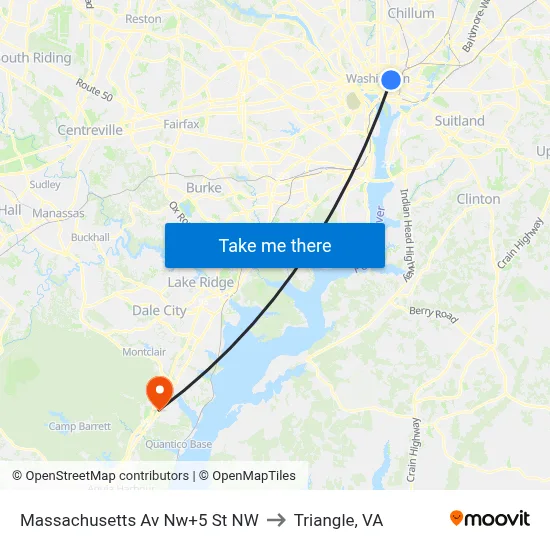 Massachusetts Av Nw+5 St NW to Triangle, VA map
