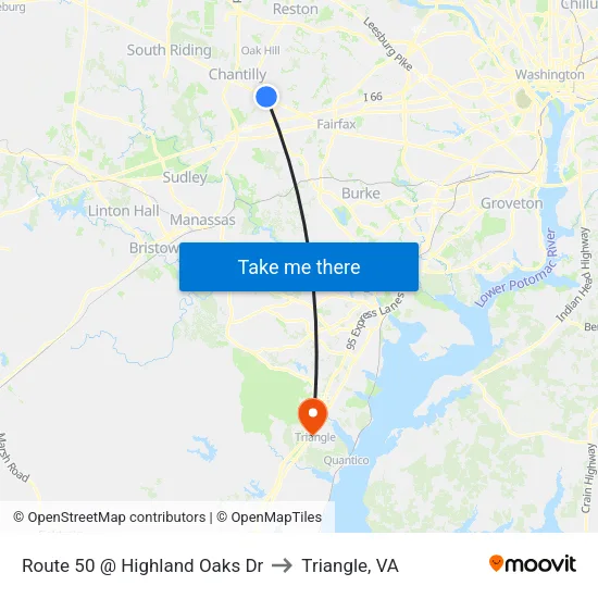 Route 50 @ Highland Oaks Dr to Triangle, VA map
