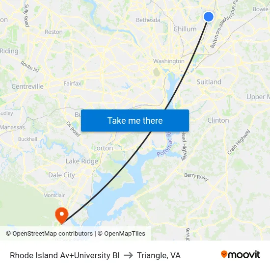 Rhode Island Av+University Bl to Triangle, VA map