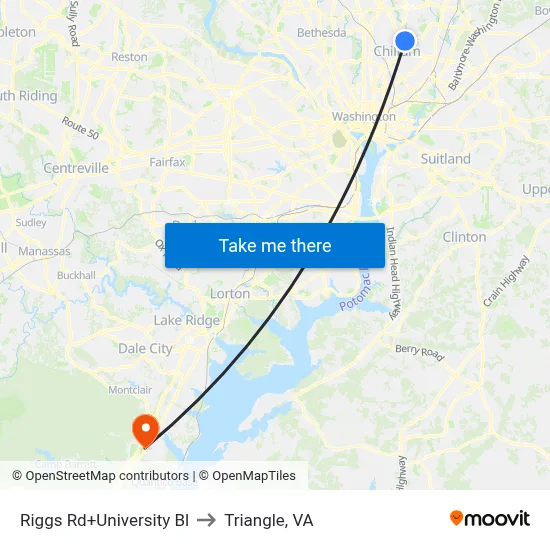 Riggs Rd+University Bl to Triangle, VA map