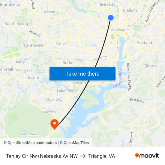 Tenley Cir Nw+Nebraska Av NW to Triangle, VA map