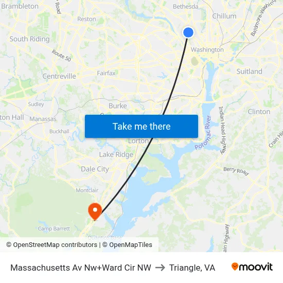 Massachusetts Av Nw+Ward Cir NW to Triangle, VA map