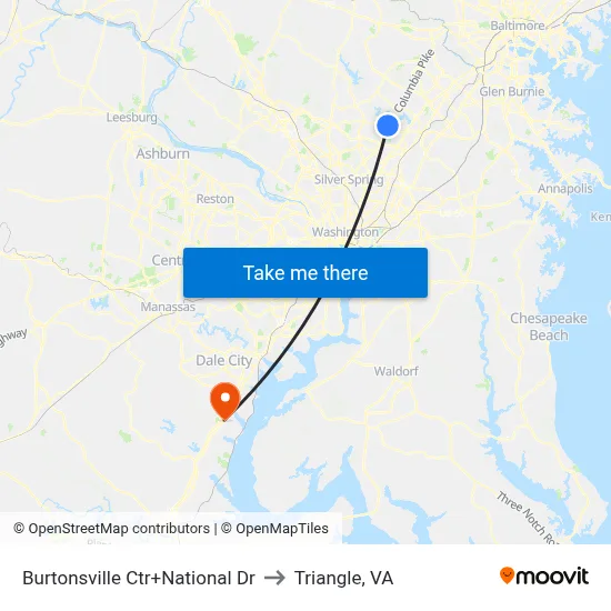 Burtonsville Ctr+National Dr to Triangle, VA map