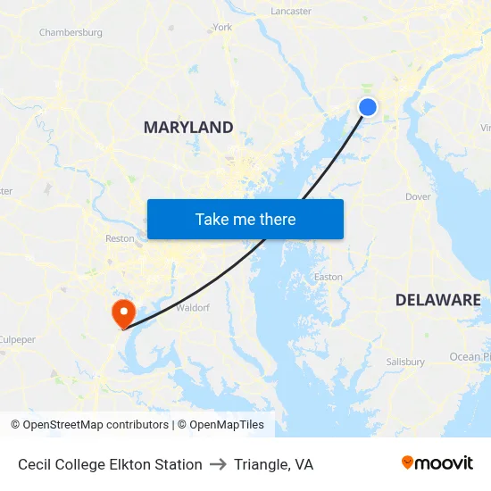 Cecil College Elkton Station to Triangle, VA map