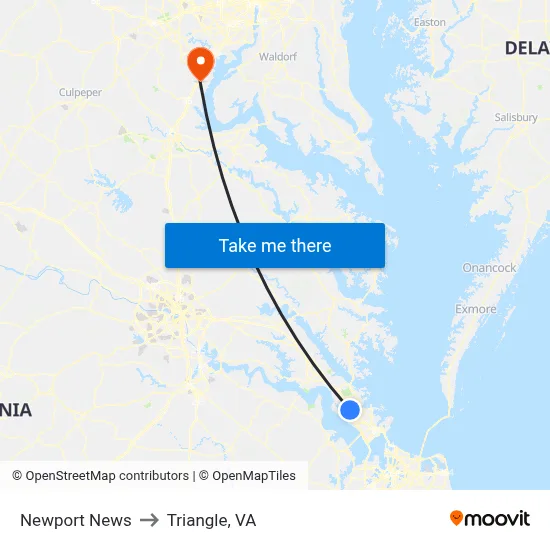 Newport News to Triangle, VA map