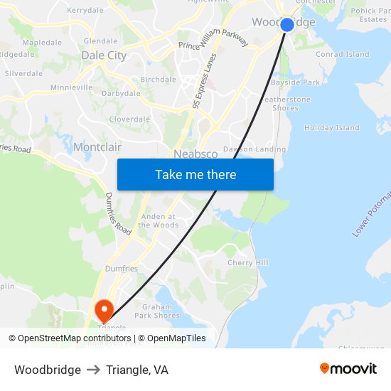 Woodbridge to Triangle, VA map