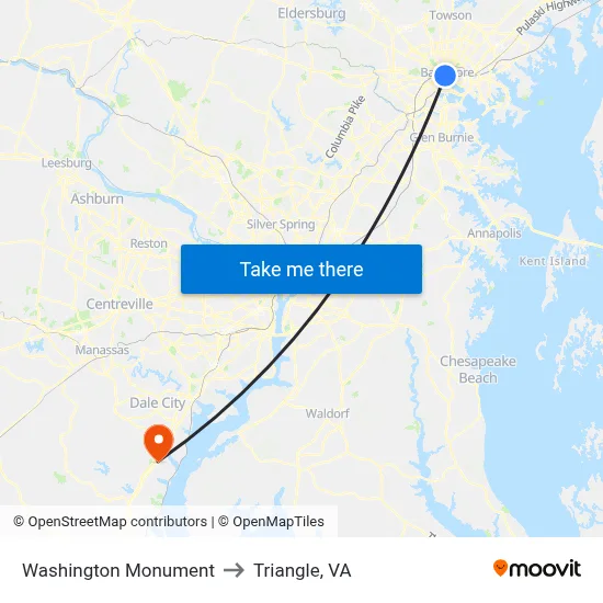 Washington Monument to Triangle, VA map