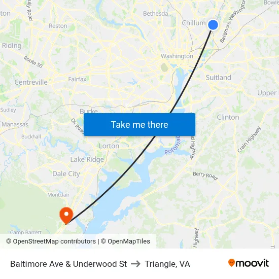 Baltimore Ave & Underwood St to Triangle, VA map