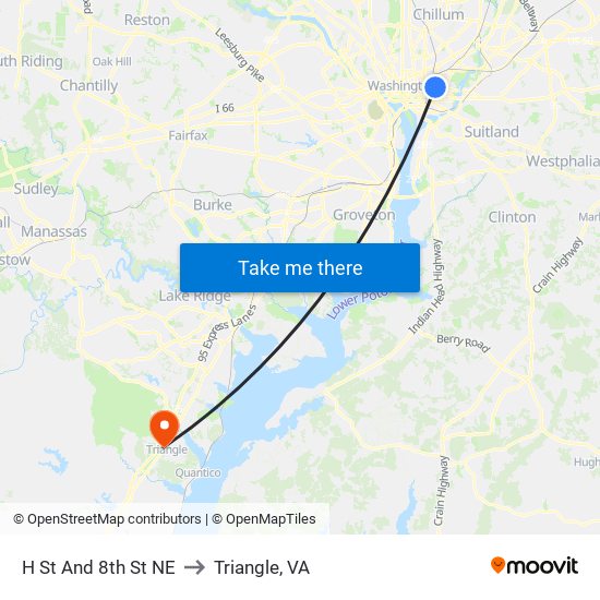 H St And 8th St NE to Triangle, VA map