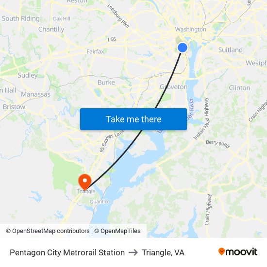 Pentagon City Metrorail Station to Triangle, VA map