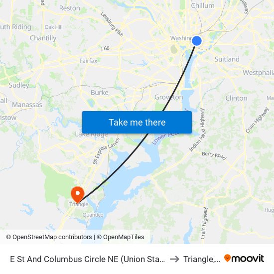 E St And Columbus Circle NE (Union Station) (Eb) to Triangle, VA map