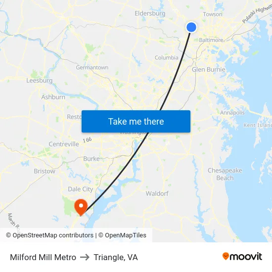 Milford Mill Metro to Triangle, VA map