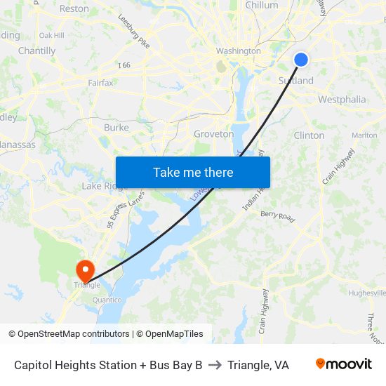 Capitol Heights Station + Bus Bay B to Triangle, VA map