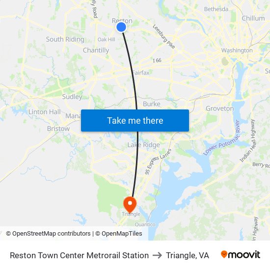 Reston Town Center Metrorail Station to Triangle, VA map