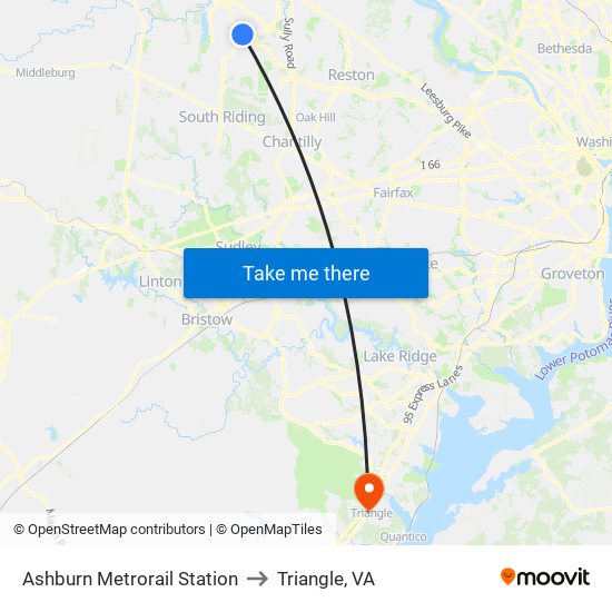 Ashburn Metrorail Station to Triangle, VA map