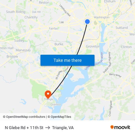 N Glebe Rd + 11th St to Triangle, VA map