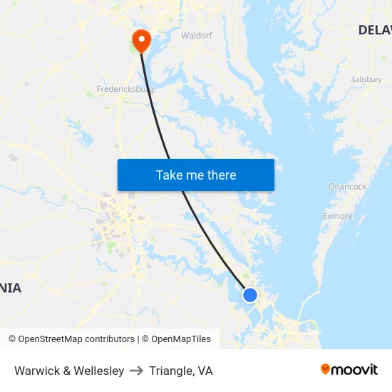 Warwick & Wellesley to Triangle, VA map