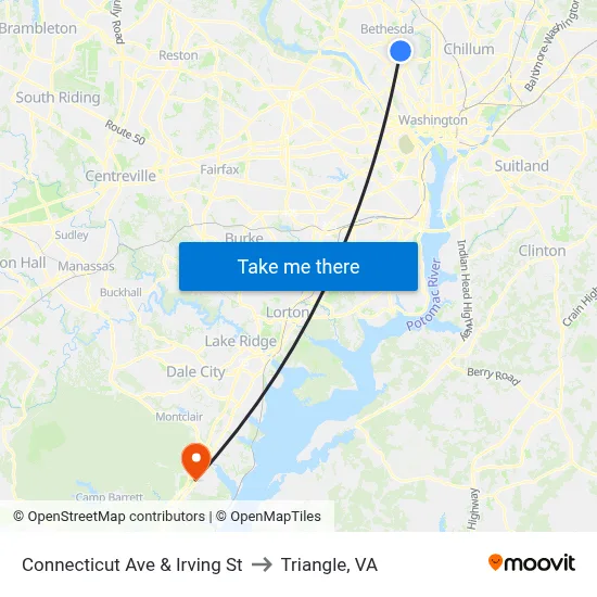 Connecticut Ave & Irving St to Triangle, VA map
