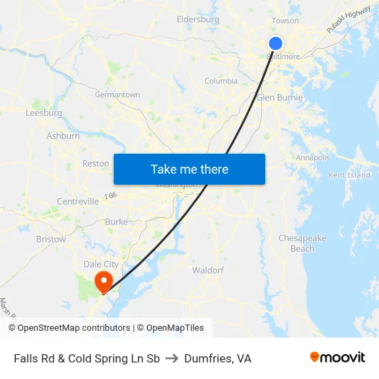 Falls Rd & Cold Spring Ln Sb to Dumfries, VA map