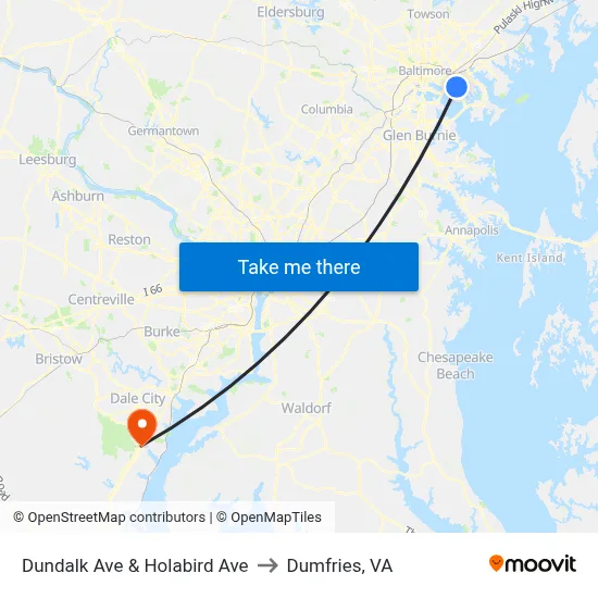 Dundalk Ave & Holabird Ave to Dumfries, VA map