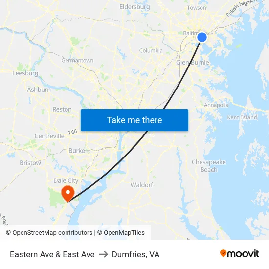 Eastern Ave & East Ave to Dumfries, VA map