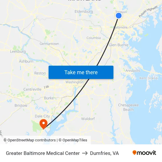 Greater Baltimore Medical Center to Dumfries, VA map