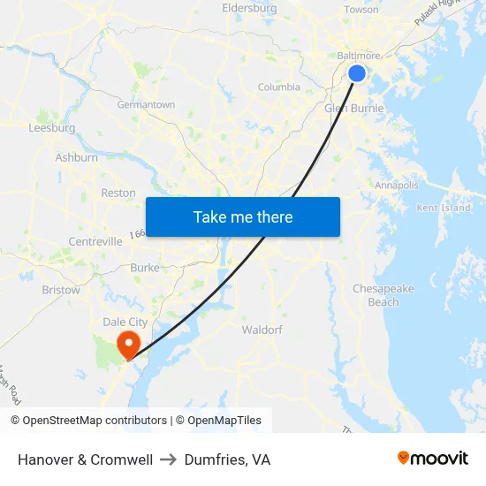 Hanover & Cromwell to Dumfries, VA map
