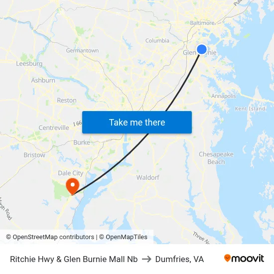 Ritchie Hwy & Glen Burnie Mall Nb to Dumfries, VA map