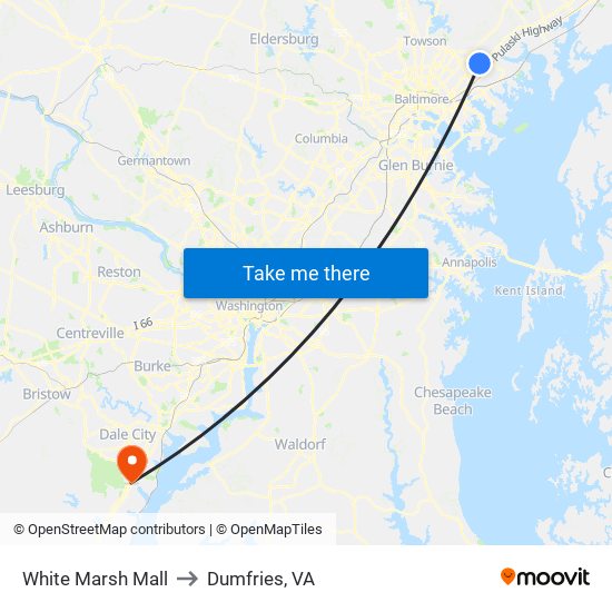 White Marsh Mall to Dumfries, VA map