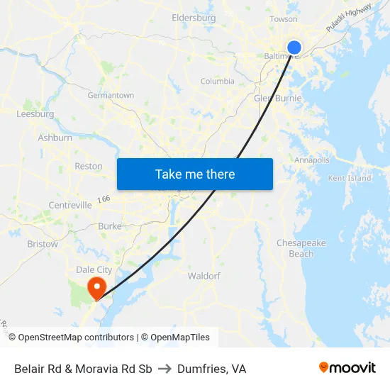 Belair Rd & Moravia Rd Sb to Dumfries, VA map