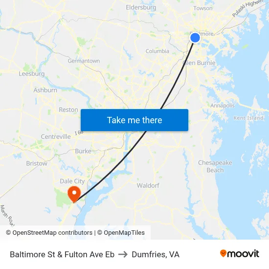 Baltimore St & Fulton Ave Eb to Dumfries, VA map