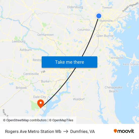 Rogers Ave Metro Station Wb to Dumfries, VA map