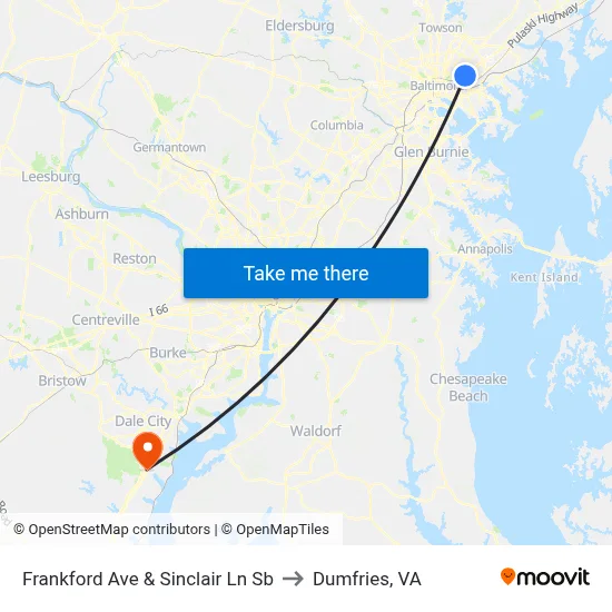 Frankford Ave & Sinclair Ln Sb to Dumfries, VA map