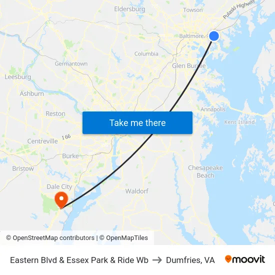 Eastern Blvd & Essex Park & Ride Wb to Dumfries, VA map