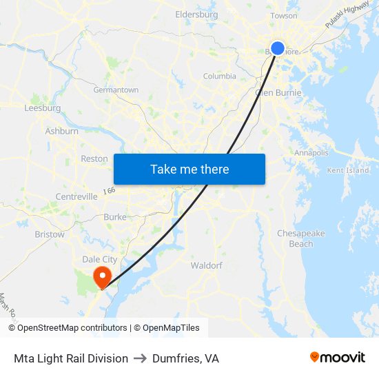 Mta Light Rail Division to Dumfries, VA map
