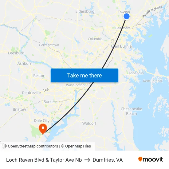 Loch Raven Blvd & Taylor Ave Nb to Dumfries, VA map
