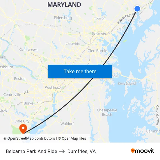 Belcamp Park And Ride to Dumfries, VA map